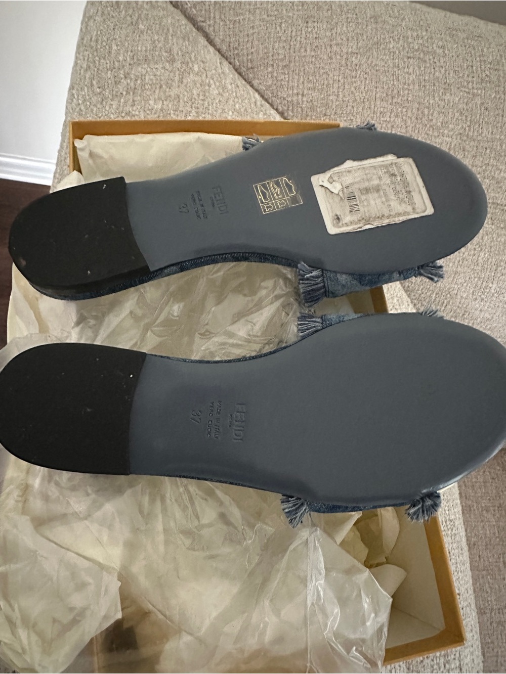 Fendi Frayed Denim Logo Slide Sandals - Dark Blue - Picture 3 of 6